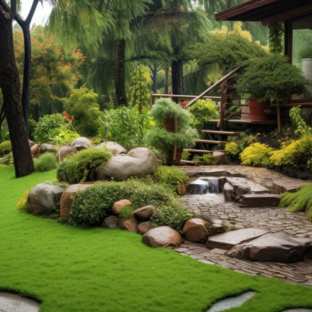 A small garden scene with lawn, trees, and steps.